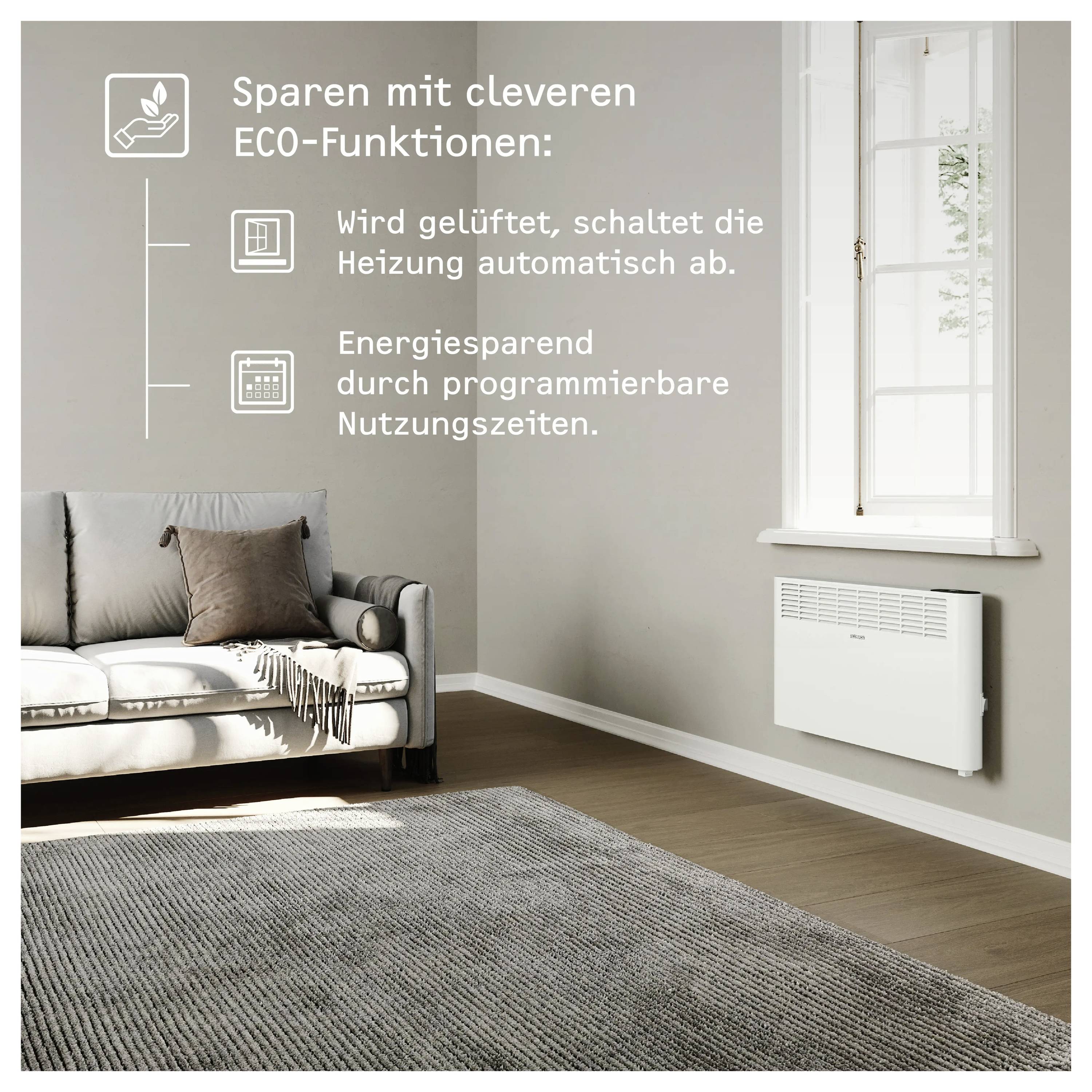 Ein modernes Wohnzimmer mit einem an der Wand montierten weißen Heizkörper. Text: 'Sparen mit cleveren ECO-Funktionen: Wird gelüftet, schaltet die Heizung automatisch ab. Energiesparend durch programmierbare Nutzungszeiten.'