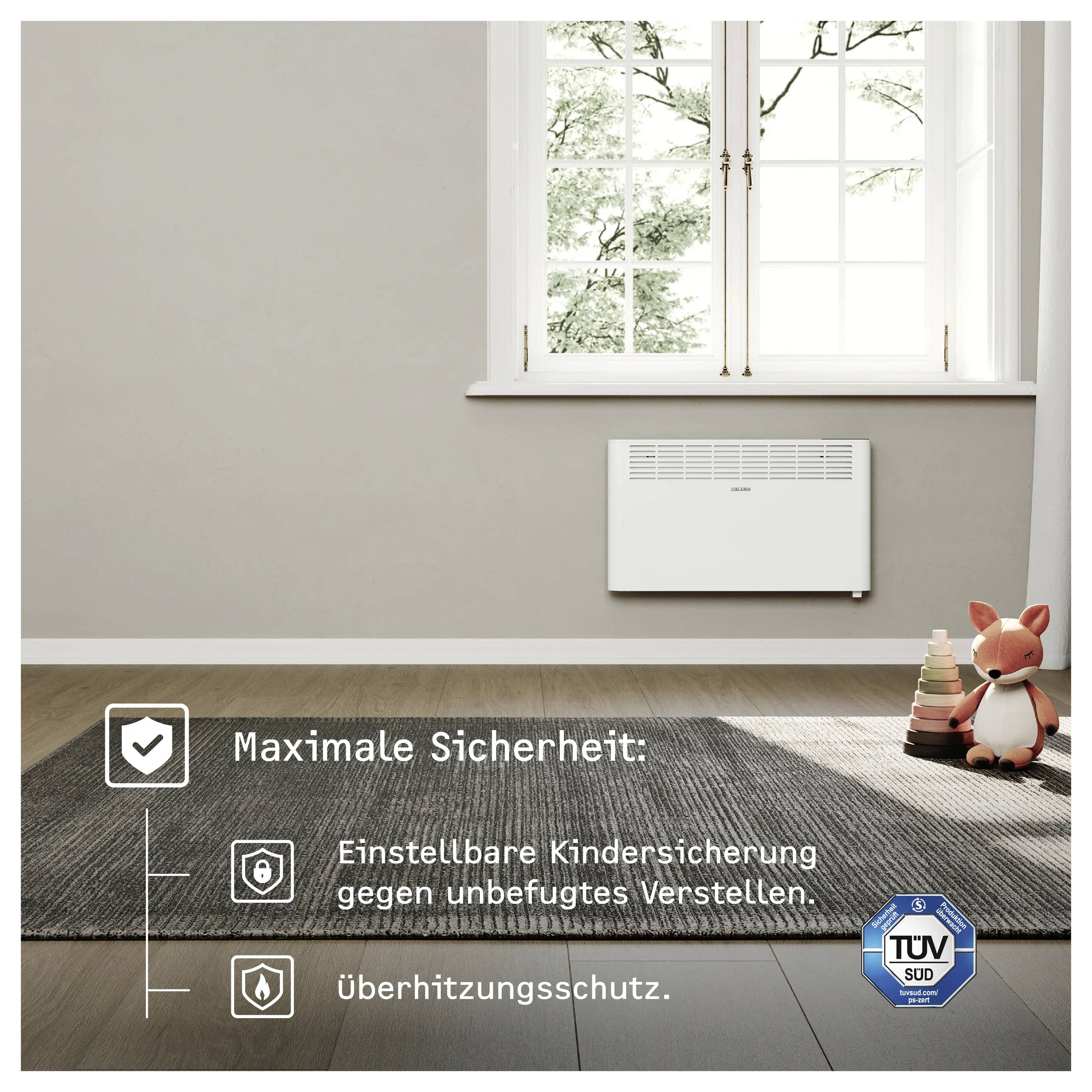 Ein Zimmer mit einem Fenster, einem Heizkörper darunter und einem Spielzeug auf dem Boden. Der Text betont Sicherheitsmerkmale für Kinder und Überhitzungsschutz.