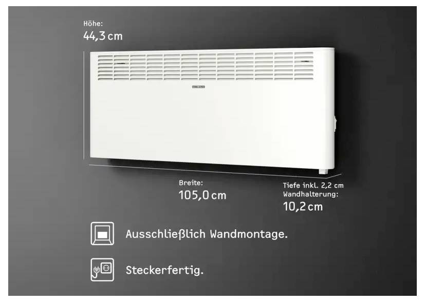 Ein weiß wandmontiertes Heizgerät mit den Abmessungen: Höhe 44,3 cm, Breite 105,0 cm, Tiefe 10,2 cm. Die Beschriftungen geben an 