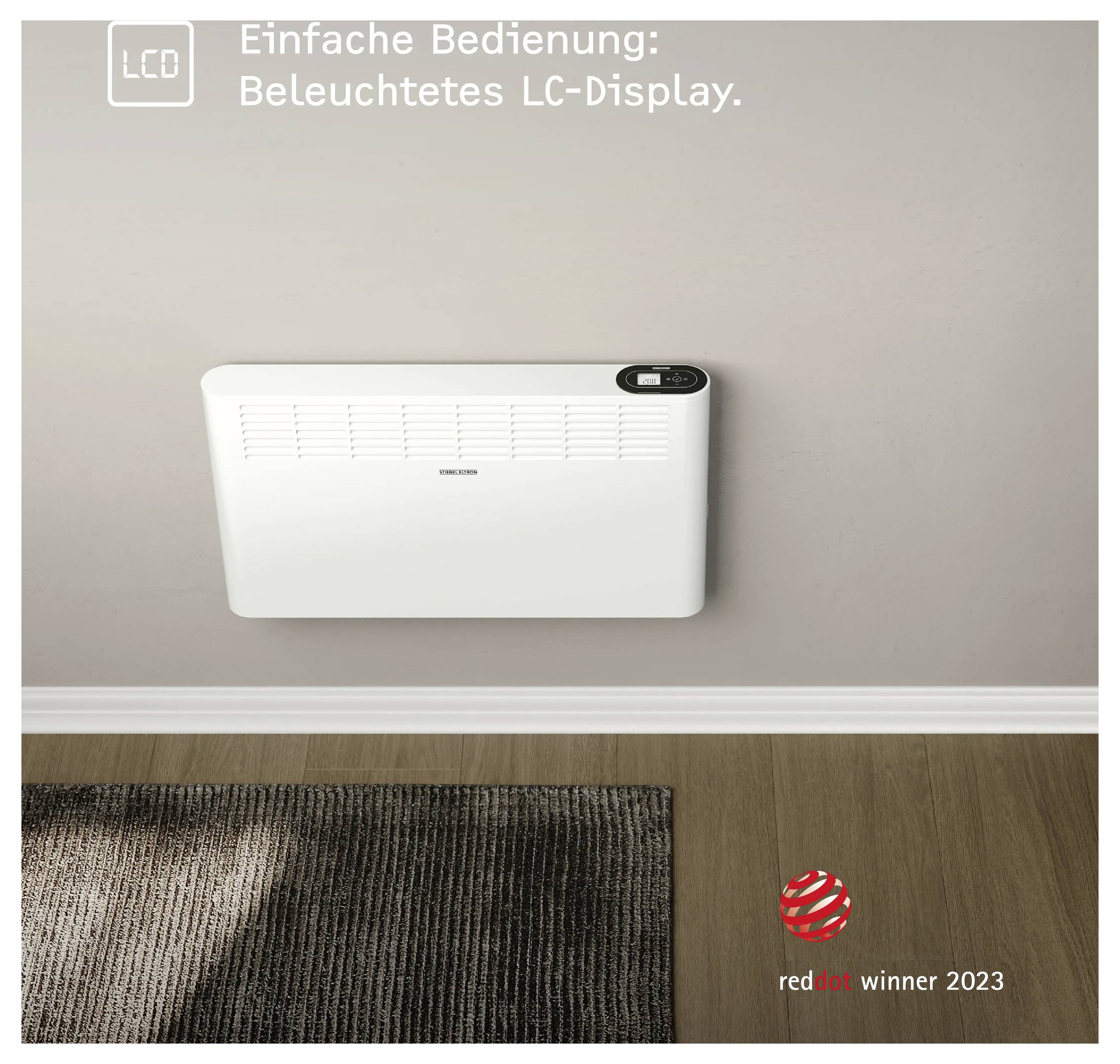 Ein an der Wand montierter weißer Heizer mit LCD-Display, beschriftet mit „Einfache Bedienung: Beleuchtetes LC-Display