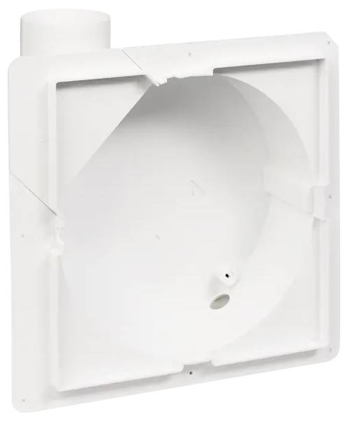Ein weißer, quadratischer Lüftungsgitterdeckel mit runder Öffnung, konzipiert für die Decken- oder Wandmontage.