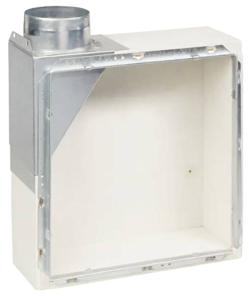 Ein rechteckiger weißer Metallkasten mit einem runden Kanalverbinder in der oberen linken Ecke. Der Kasten scheint Teil eines Klimaanlage-Systems zu sein.