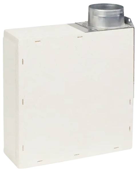 A white rectangular HVAC-Kanal mit einer metallischen kreisförmigen Lüftungsöffnung oben, verwendet für die Luftverteilung in Gebäuden.