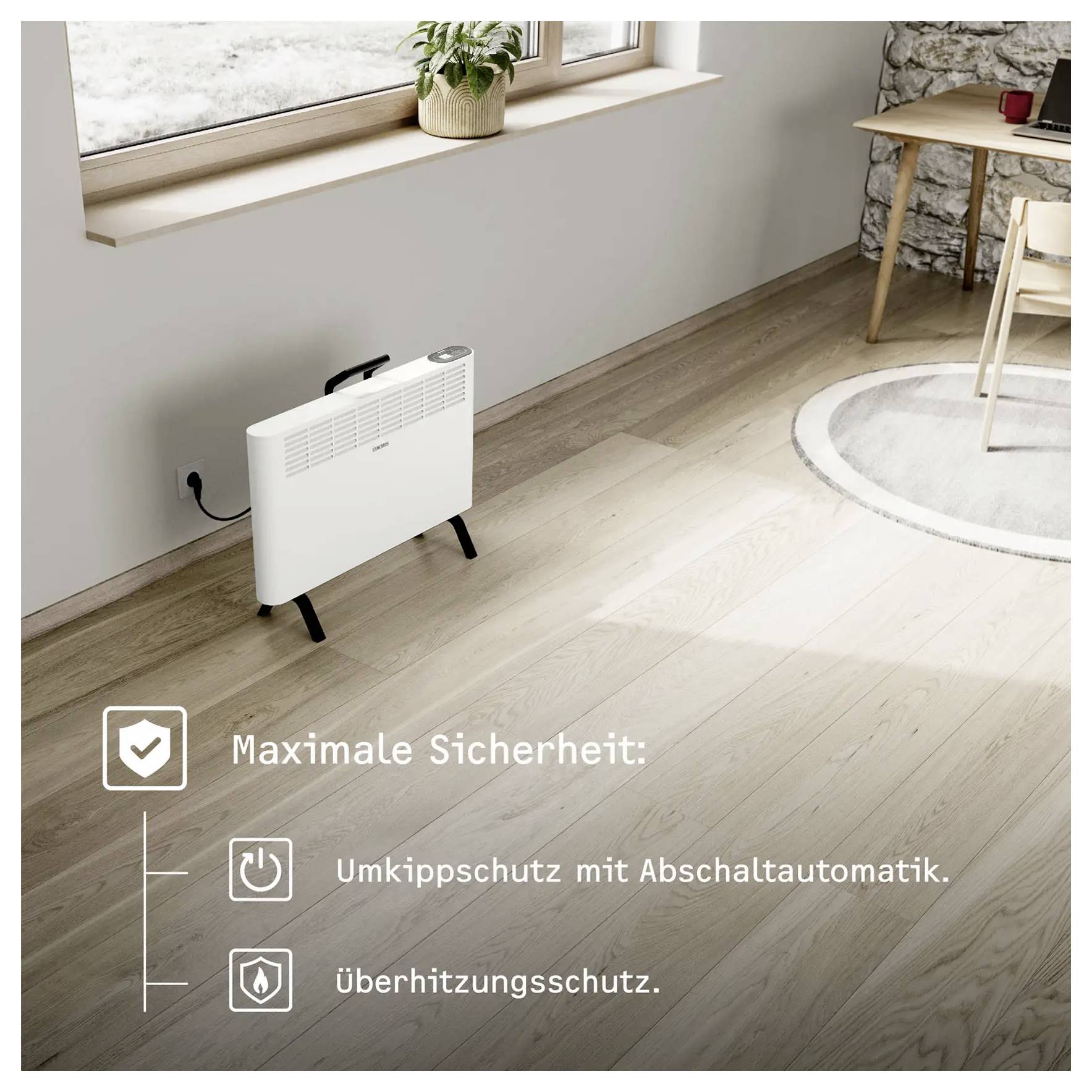 Ein weißer Heizer wird auf einem Holzboden in einem hellen Zimmer mit einem Fenster aufgestellt. Der Text lautet: „Maximale Sicherheit: Umkippschutz mit Abschaltautomatik. Überhitzungsschutz.