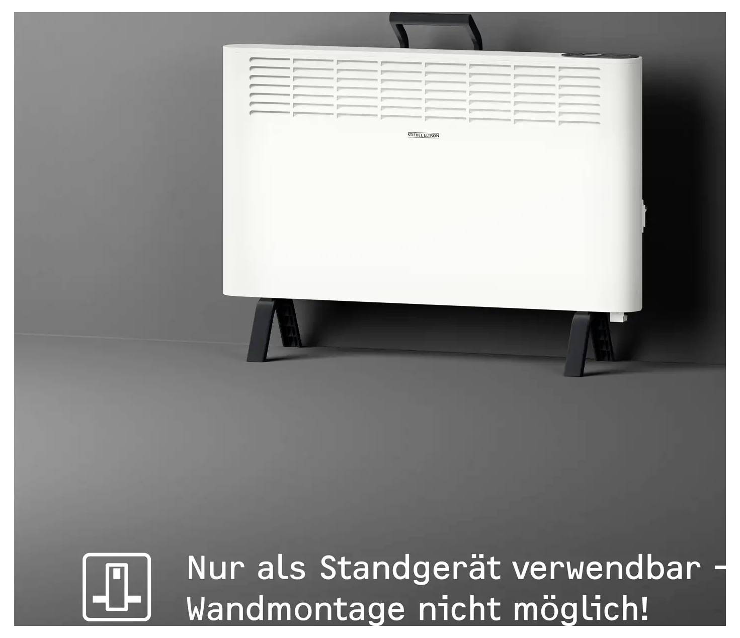 Ein weißer Konvektionsheizerät mit der Aufschrift „Nur als Standgerät verwendbar - Wandmontage nicht möglich!