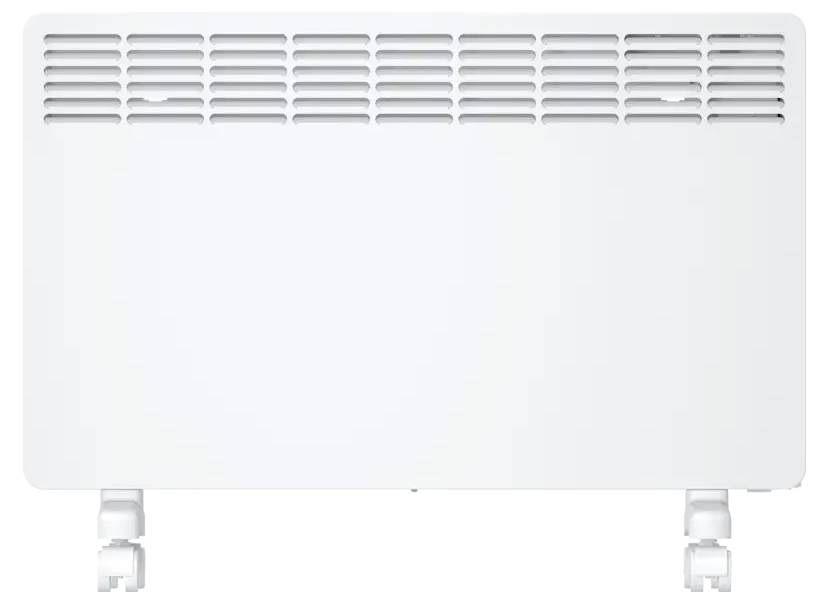Ein weißes elektrisches Heizgerät mit Lüftungsschlitzen auf der Vorderseite oben und Rollen unten, konstruiert für einfaches Bewegen des Geräts im Raum.