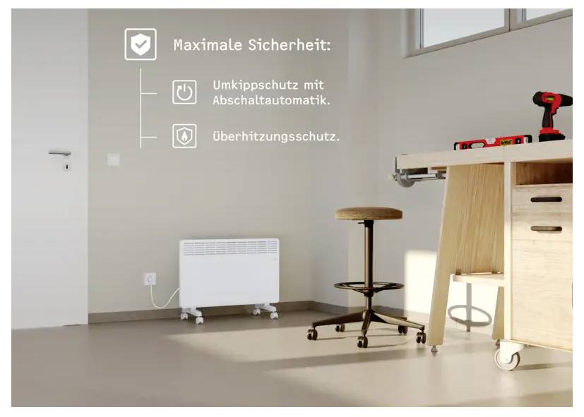 Ein Zimmer mit beigen Wänden und einem Fenster, das einen Heizkörper auf dem Boden, eine Werkbank und einen Hocker aufweist. Deutscher Text hebt Sicherheitsmerkmale hervor.