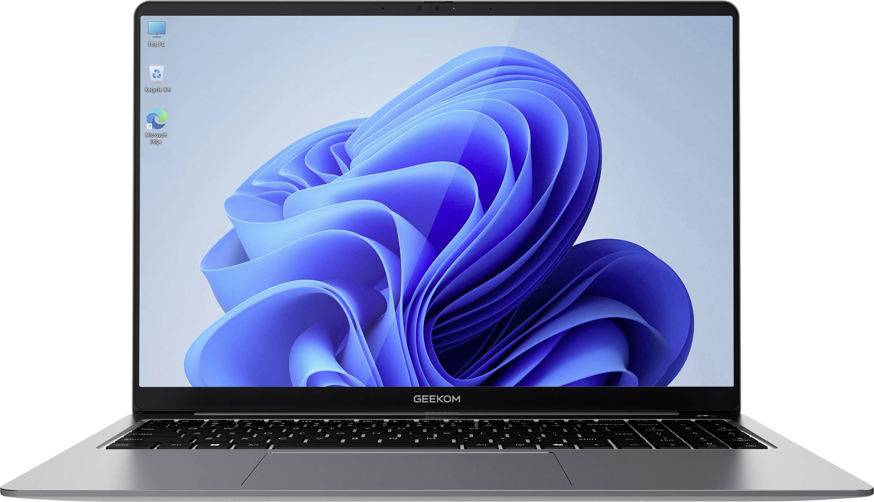 Ein Laptop, auf dem der Windows 11-Startbildschirm mit dem charakteristischen blauen Muster angezeigt wird. Das Logo „GEEKOM