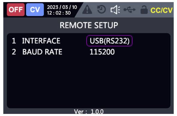 Kamerafernsteuerungsmenü mit USB(RS232)-Schnittstelle und Baudrate 115200, mit AUS- und CV-Statusanzeigen.