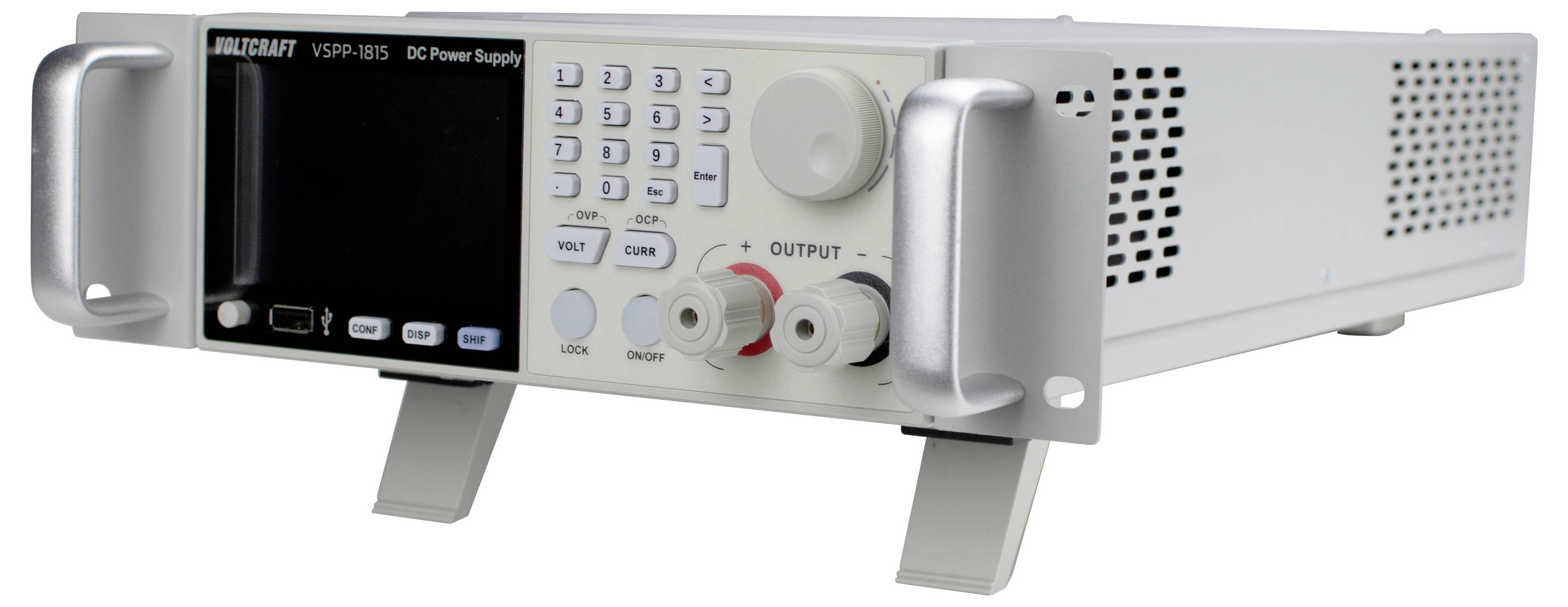 Vorderansicht eines Dual-Handle-Gleichstromnetzteil mit digitaler Anzeige, Drehreglern, Ausgangsklemmen und Lüftungslöchern an der Seite.