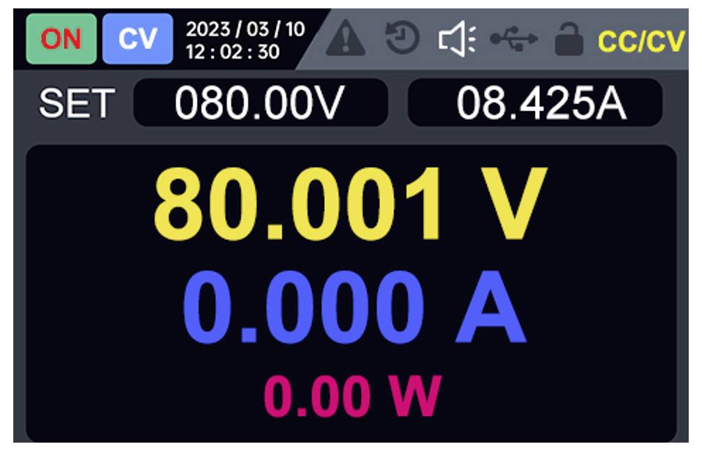 Digitale Stromversorgungsanzeige mit 80.001 V, 0.000 A, 0.00 W, mit eingestellten Werten 080.00V und 08.425A im CC/CV-Modus.