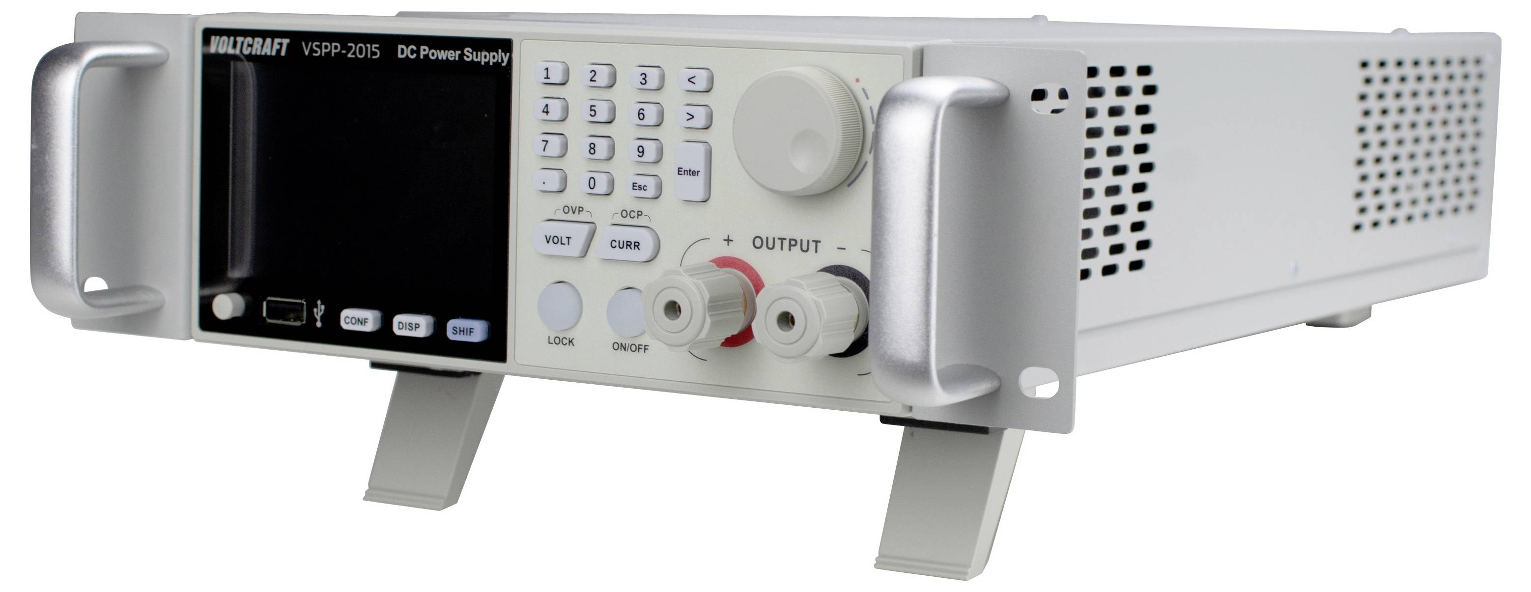 Benchtop-Gleichstromversorgung mit digitaler Anzeige, Tastatur, Ausgangsdrehknöpfen und vorderen Griffen zur Verwendung im Labor.