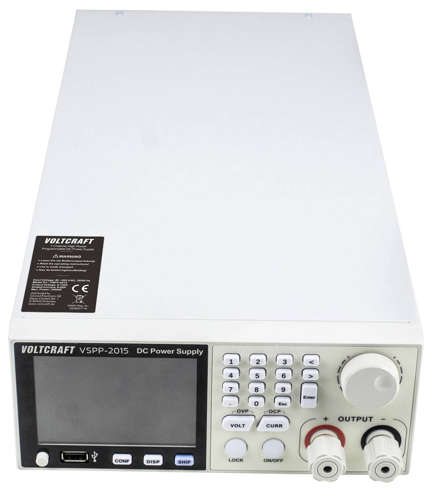 Vorderansicht eines Voltcraft VSPP-2015 Gleichstromnetzteil mit leerem Display, Tastenfeld, Stellknopf und Ausgangsklemmen.
