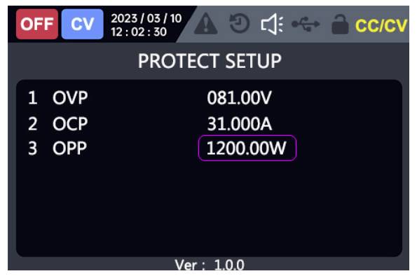 Stromversorgung 'PROTECT SETUP'-Bildschirm zeigt OVP 081.00V, OCP 31.000A und OPP 1200.00W im CV-Modus an, mit Ausgang aus.