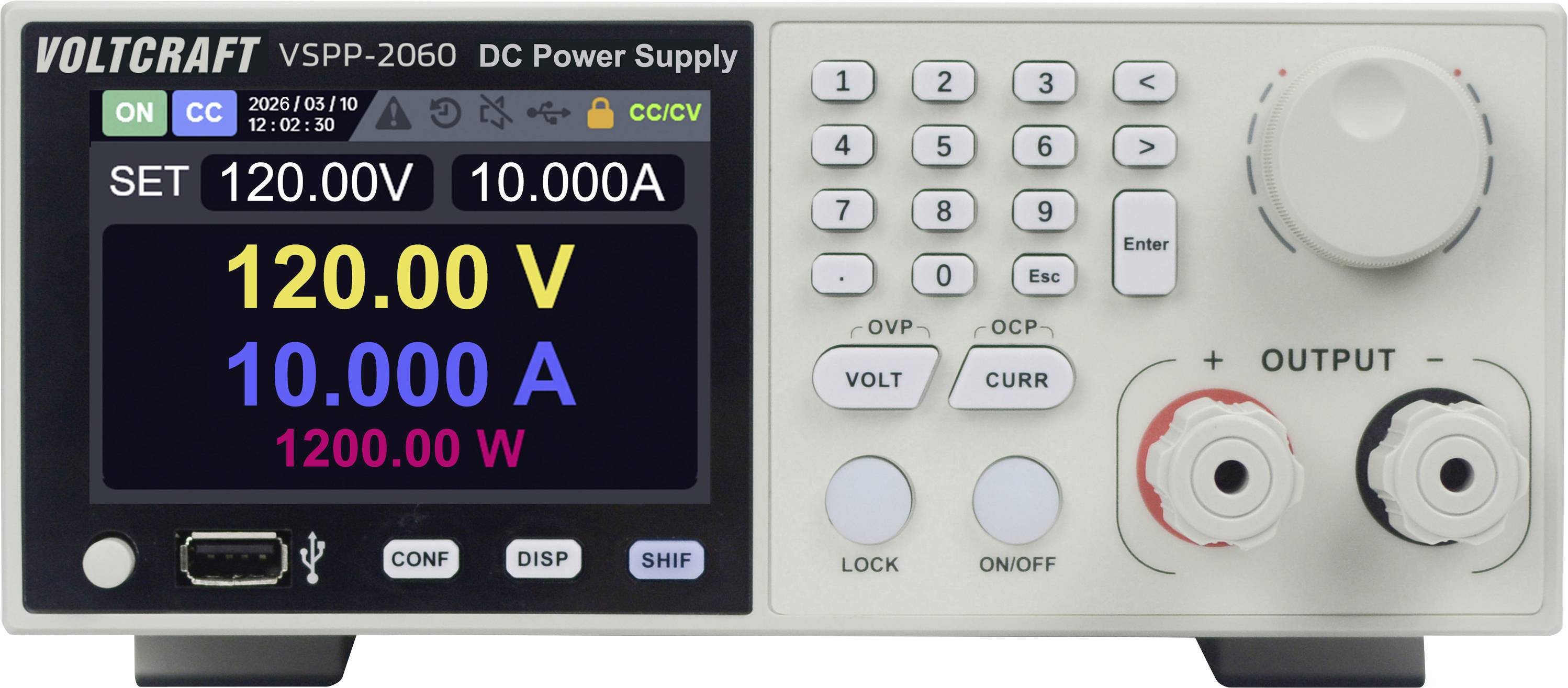 Frontplatte eines VOLTCRAFT VSPP-2060 Gleichspannungsnetzteils mit eingestellten Ausgängen von 120,00 V, 10,000 A und 1200,00 W, mit Tastatur, Regelknopf und Ausgangsklemmen.