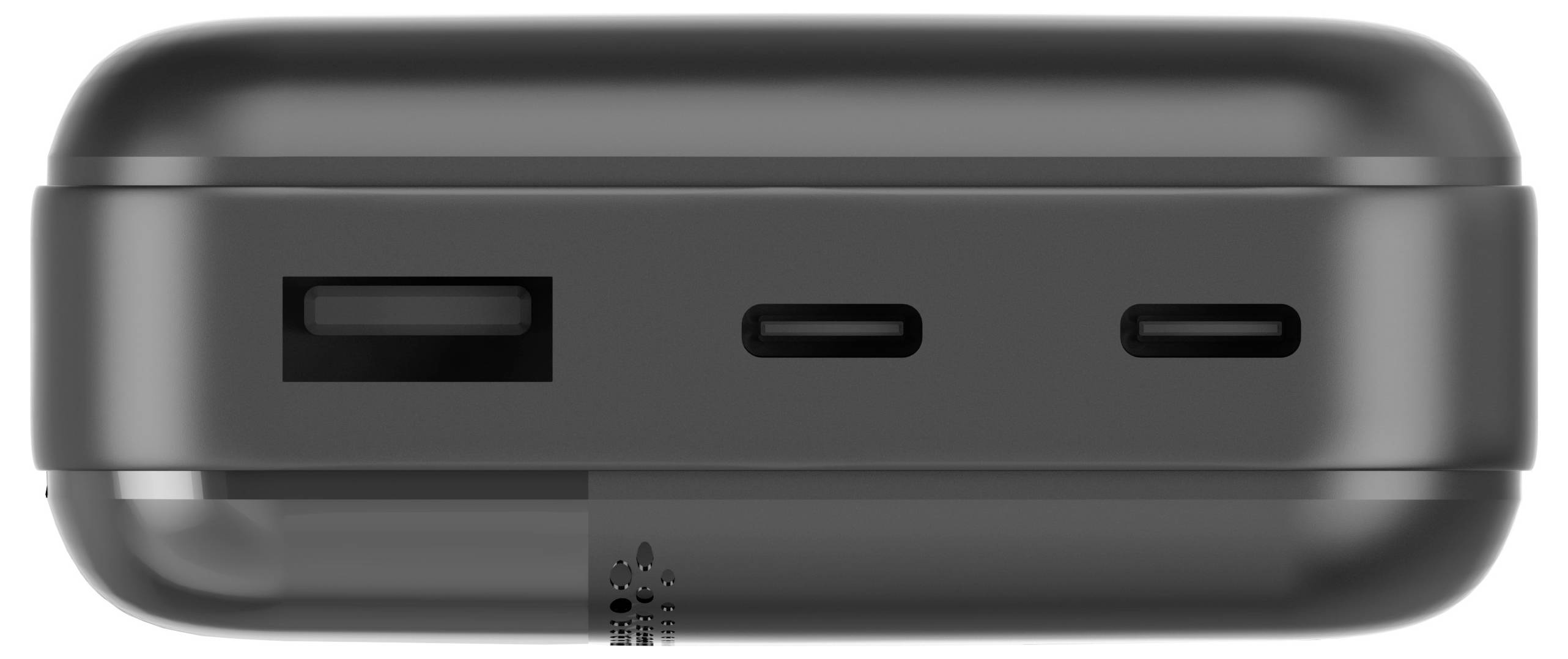 Ein schwarzes elektronisches Gerät mit Anschlüssen, einschließlich eines USB-Anschlusses und zwei kleineren Anschlüssen, an seiner Seite.