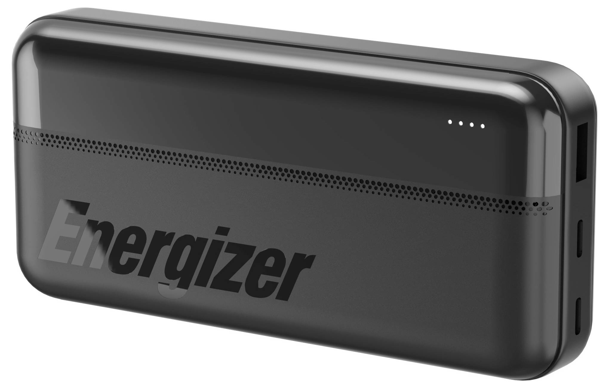 Eine schwarze Energizer-Powerbank mit minimalem Design, ausgestattet mit vier LED-Anzeigleuchten auf der Oberseite und einem USB-Anschluss an der Seite.