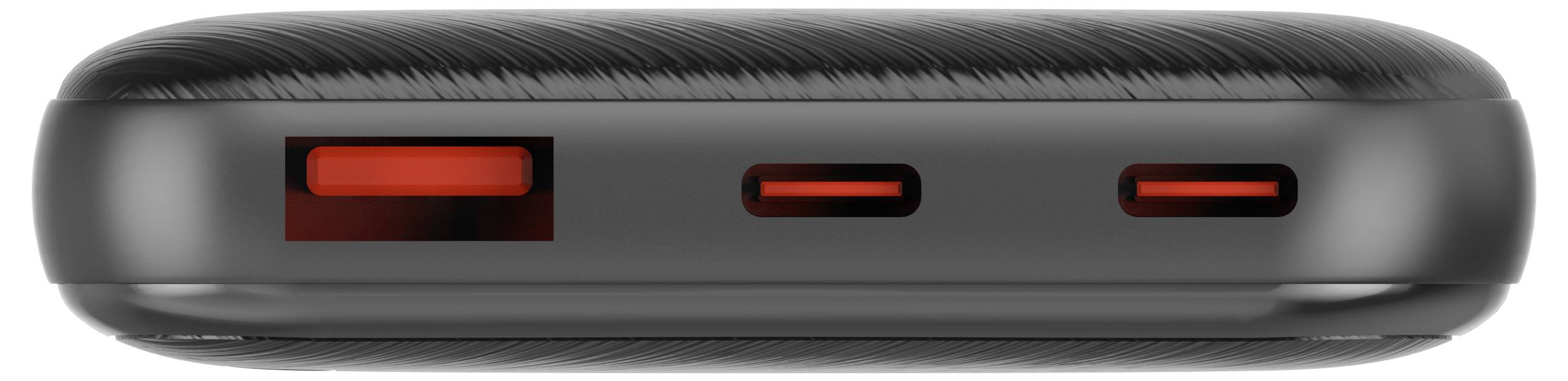 Tragbares schwarzes Ladegerät mit einem USB-A-Anschluss und zwei USB-C-Anschlüssen, alle rot hervorgehoben.