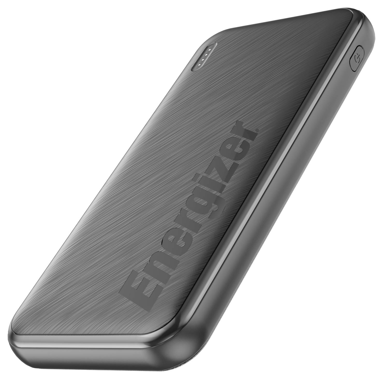Eine schwarze Energizer-Powerbank mit gebürstetem Metalldesign, die über einen USB-Anschluss verfügt und ein subtil eingepresstes Markenlogo auf ihrer Oberfläche aufweist.