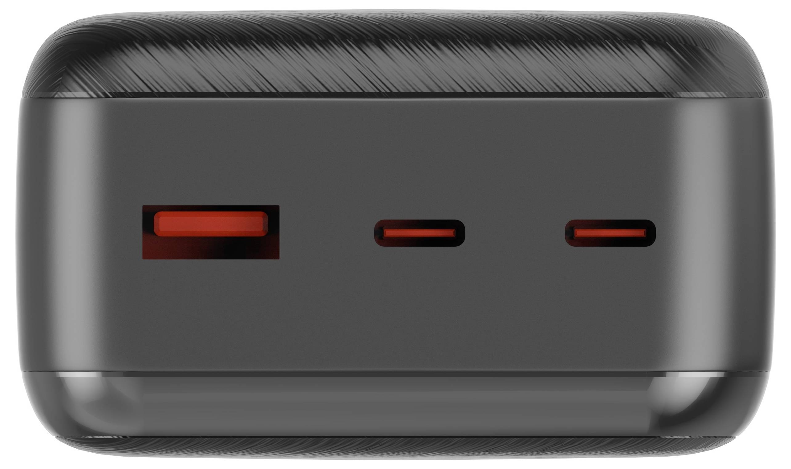 Schwarze rechteckige Powerbank mit einem USB-Typ-A-Anschluss und zwei USB-Typ-C-Anschlüssen an der Seite, entwickelt zum Aufladen elektronischer Geräte.