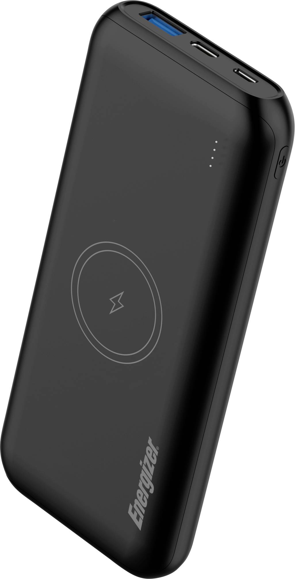 Eine schwarze tragbare Energizer-Powerbank mit USB-Anschlüssen und kabelloses Ladepad, das vier LED-Anzeigeleuchtkomponente für den Batteriezustand anzeigt.