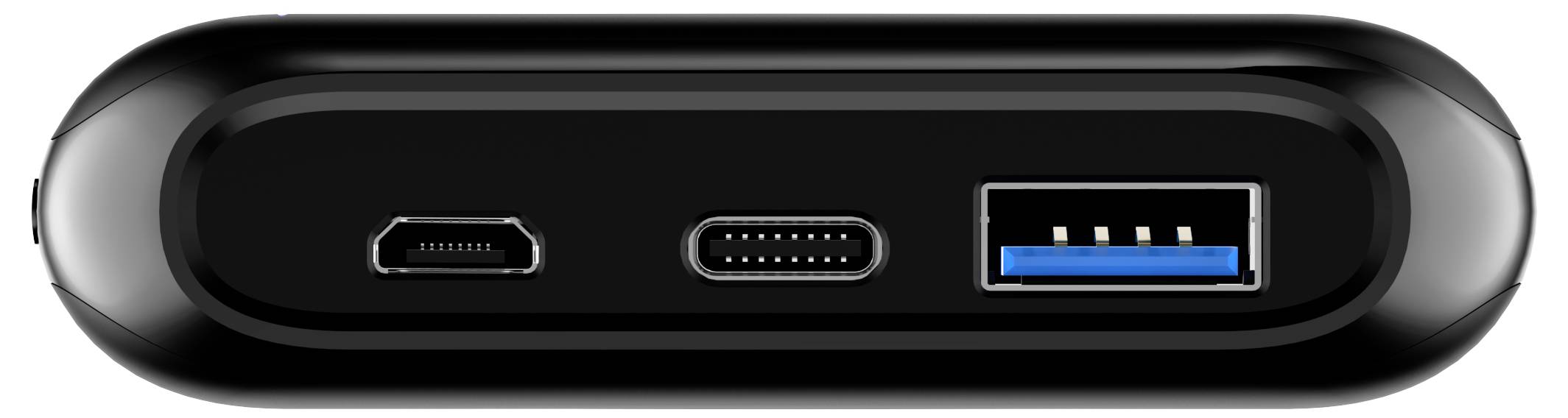 Ein schwarzes externes Festplattenlaufwerk mit drei Anschlüssen: Micro-USB, USB-C und USB-A.