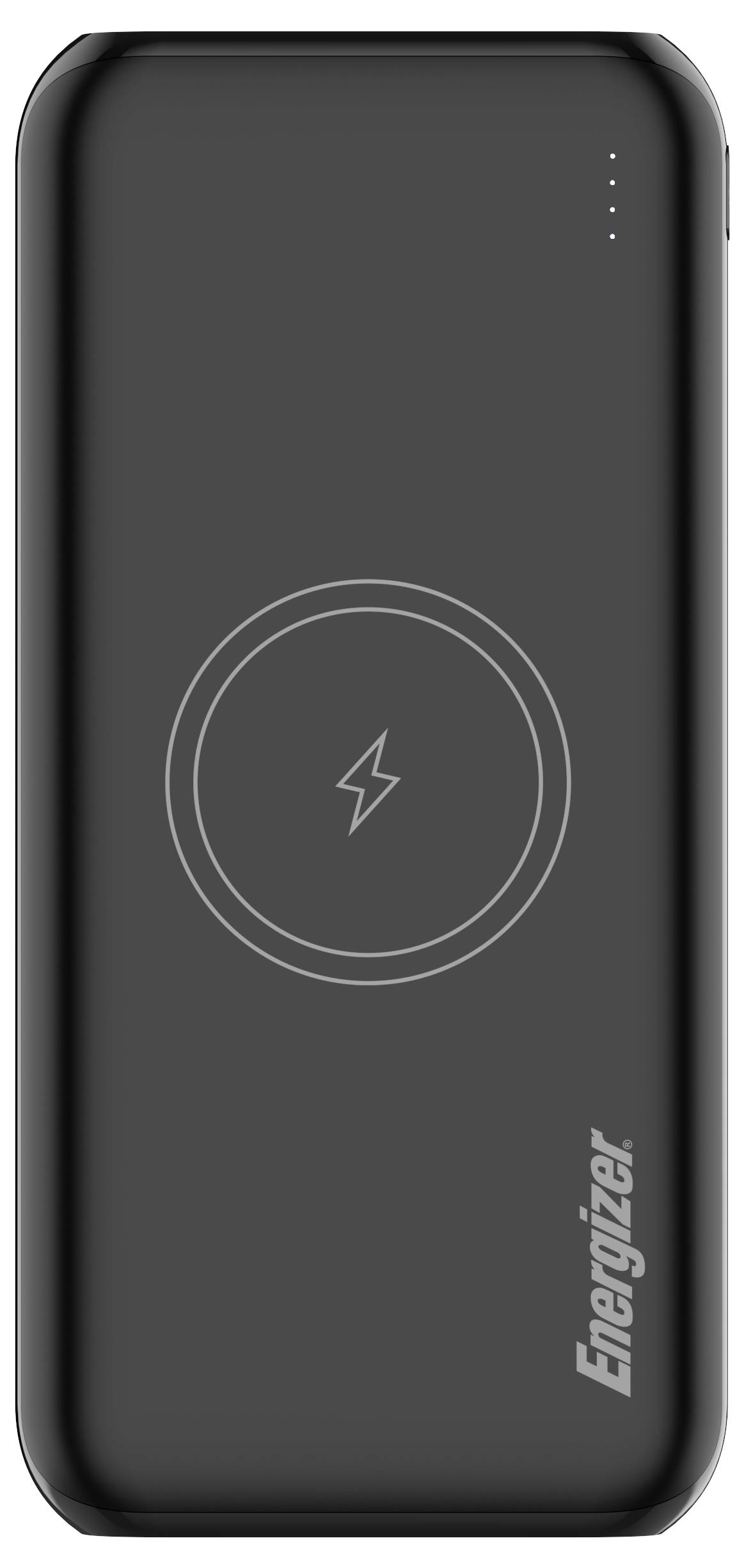 Eine schwarze Energizer kabellose Powerbank mit einem Ladesymbol auf der Vorderseite und LED-Anzeigen in der oberen rechten Ecke.