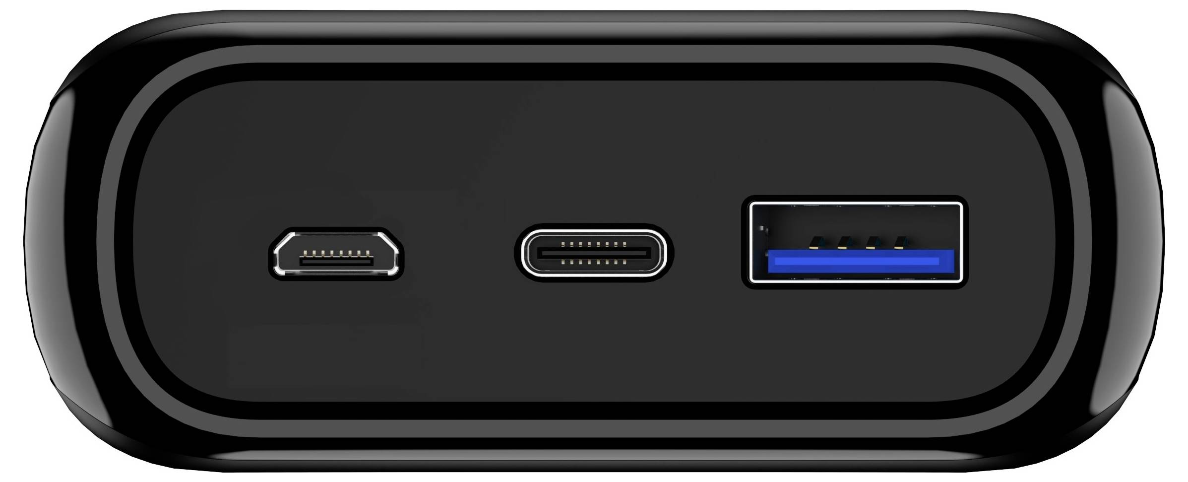 Nahaufnahme von drei Anschlüssen auf einem schwarzen Gerät: Micro-USB, USB-C und USB-A.
