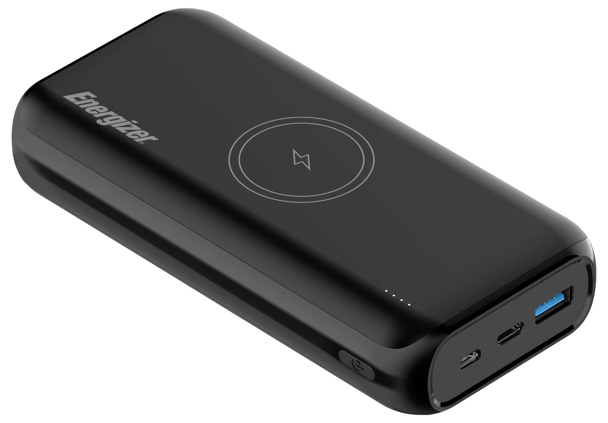 Eine schwarze Energizer-Powerbank mit einem Wireless-Charging-Symbol auf der Oberseite, ausgestattet mit USB- und USB-C-Anschlüssen sowie LED-Anzeigen.