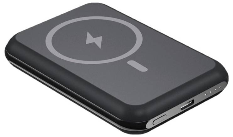 Eine schwarze MagSafe-kompatible kabellose Powerbank mit einem kreisförmigen Symbol oben, USB-C-Anschluss, Einschaltknopf und Status-LEDs an der Seite.