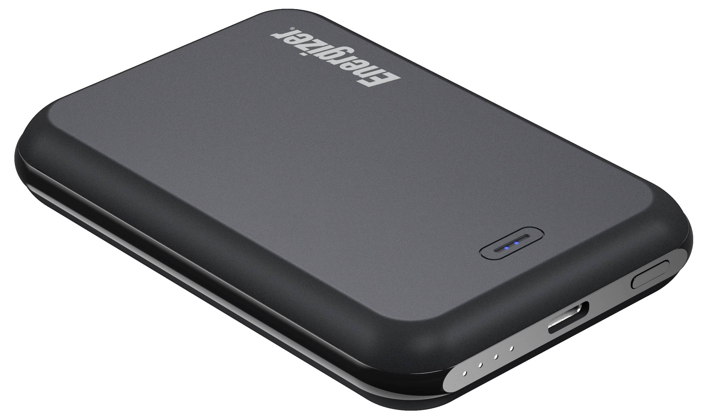 Eine schlanke schwarze Powerbank mit der Aufschrift 'Energizer' mit einem USB-Anschluss und Anzeigelichtern an der Seite.