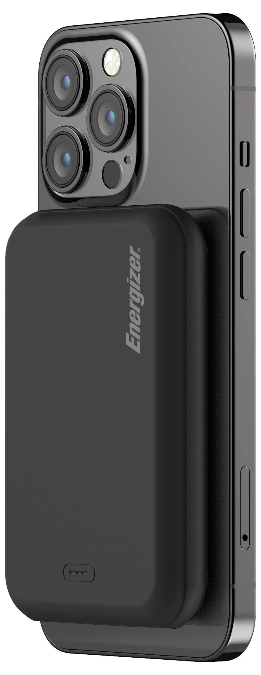 Eine schwarze Energizer Powerbank ist an der Rückseite eines Smartphones mit drei Kameras befestigt.