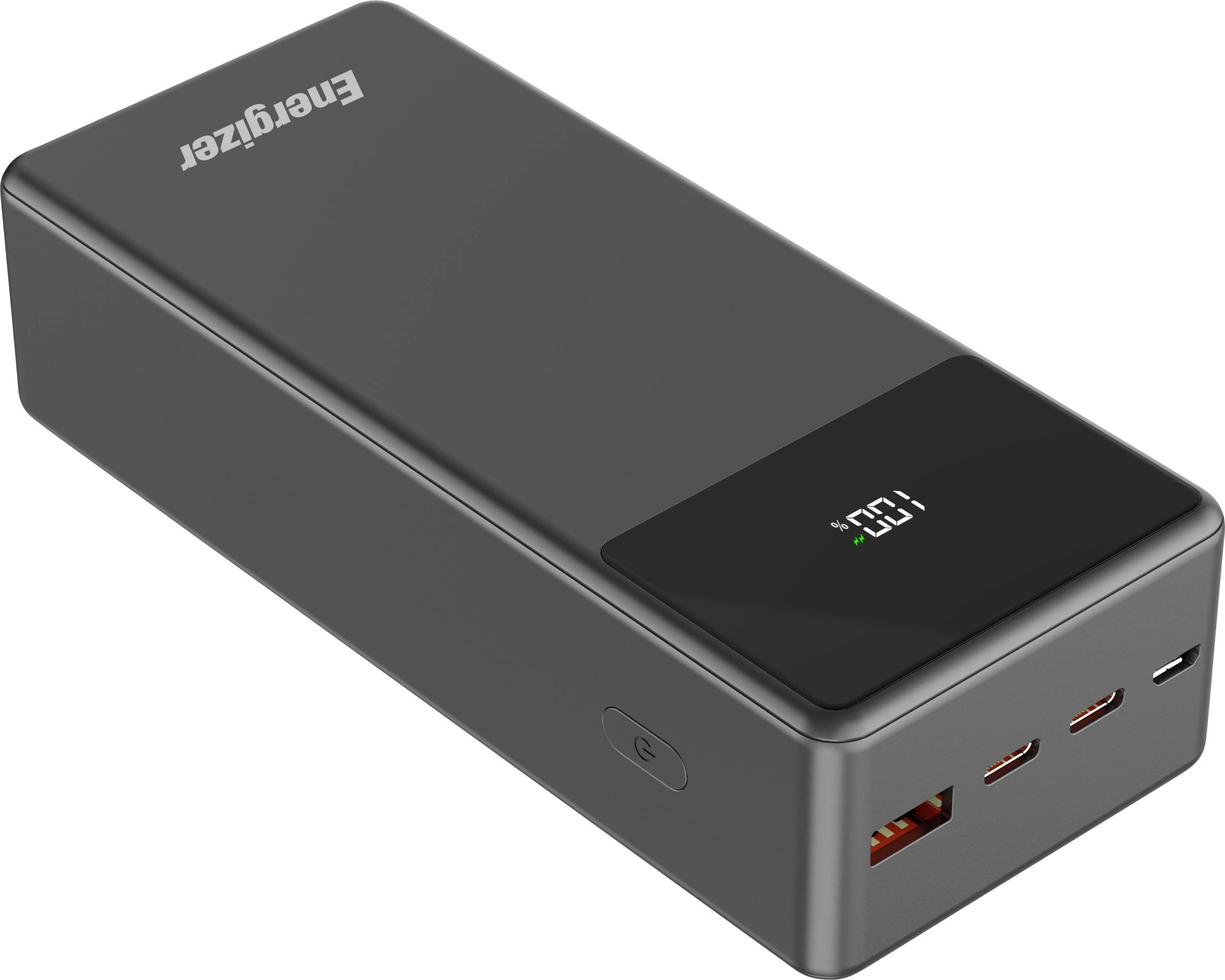Eine schwarze Energizer-Powerbank mit digitalem Display, das „100 %