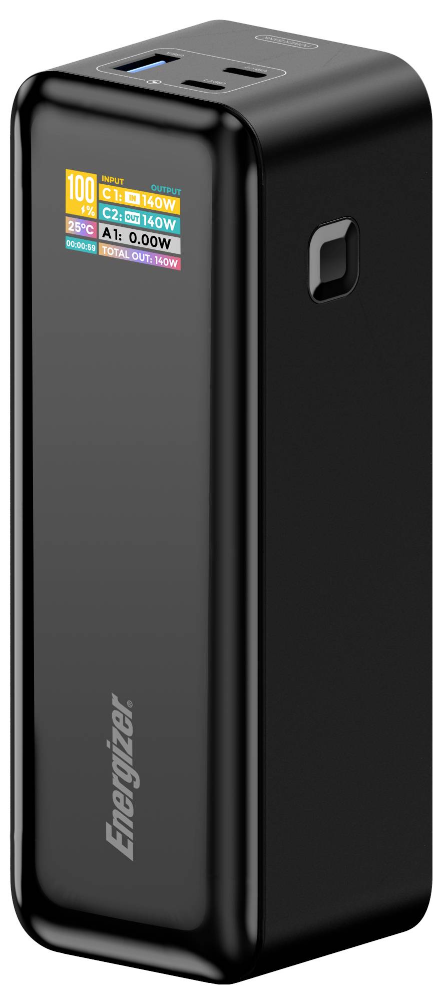 Eine schwarze Energizer-Powerbank mit Branding und einem Etikett, das verschiedene Ladefähigkeiten anzeigt, einschließlich mehrerer Ausgangsleistungsstufen.