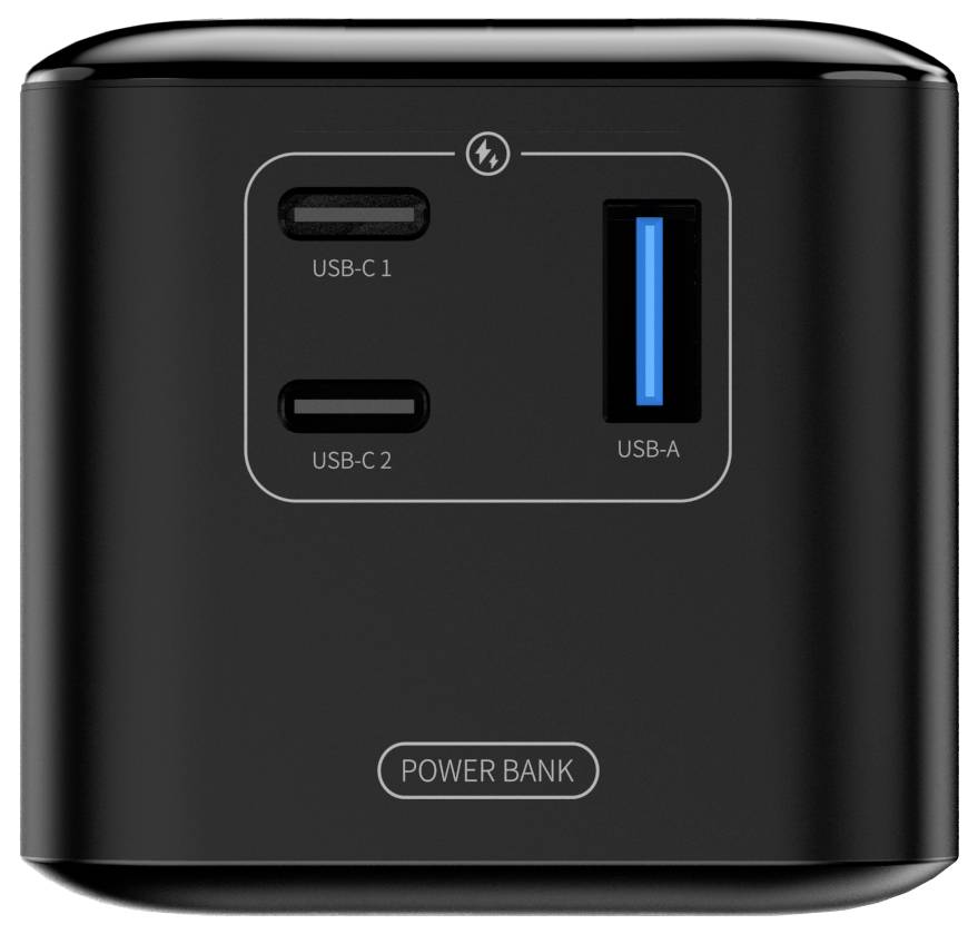 Eine schwarze Powerbank mit zwei USB-C-Anschlüssen, einem USB-A-Anschluss und einer deutlich gekennzeichneten „Power Bank
