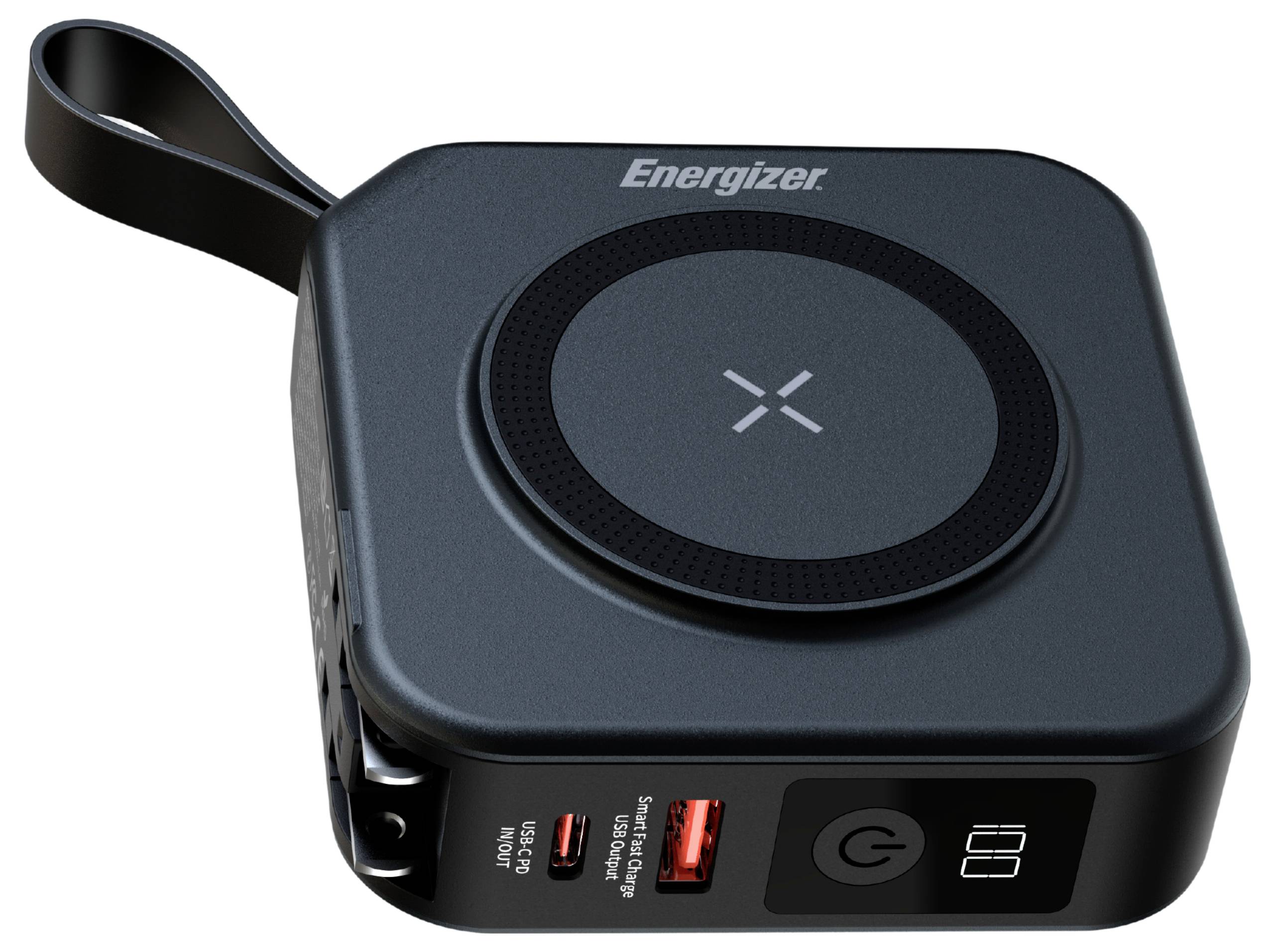 Ein kompakter kabelloses Energizer-Powerbank mit Schlaufengriff, mit einem Ladepads oben und USB-Anschlüssen sowie Stromschalter an der Seite.