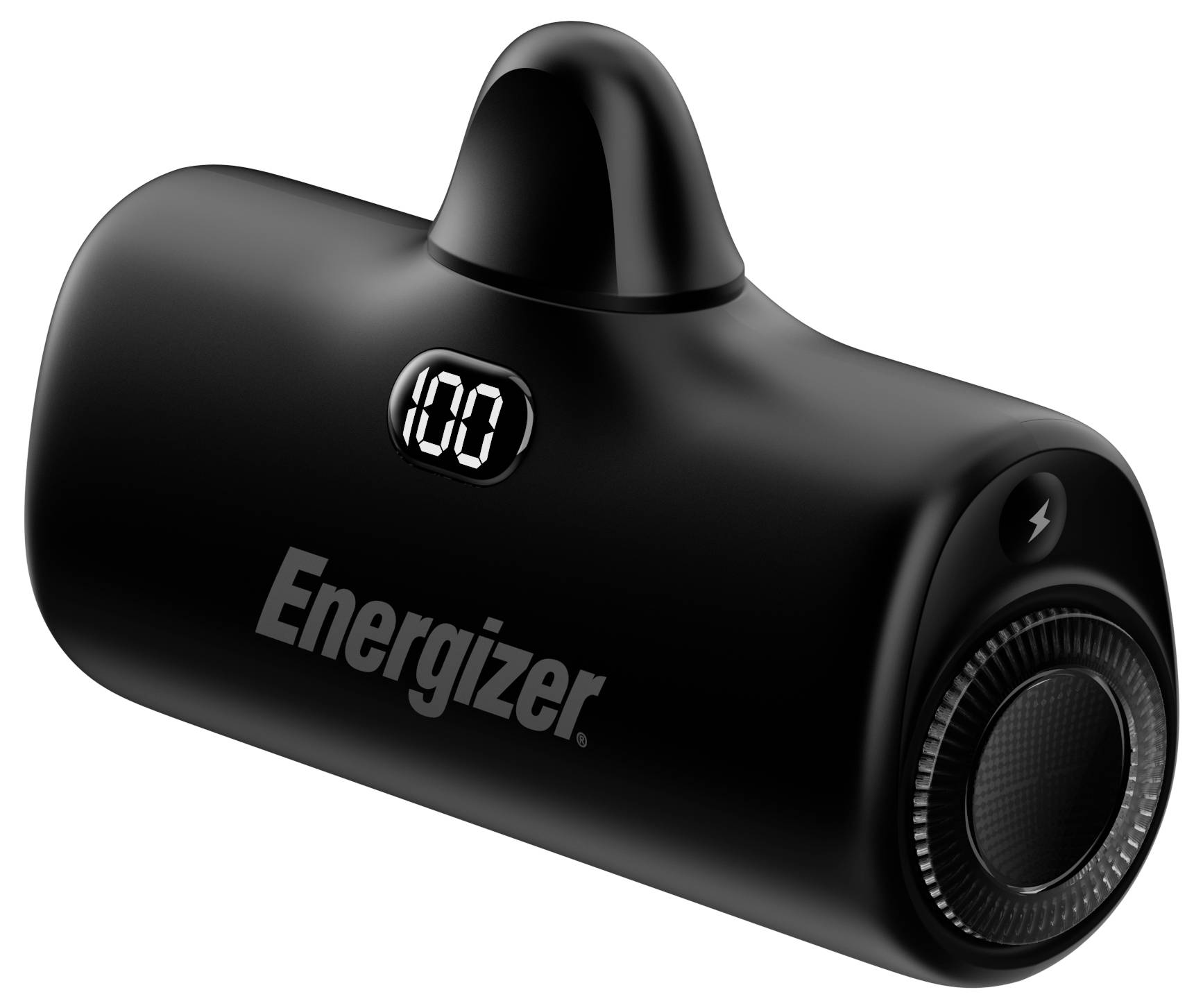 Ein schwarzer Energizer Bluetooth-Lautsprecher mit digitaler Anzeige, die 