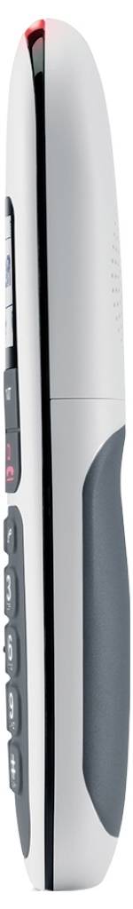 Eine weiße und schwarze tragbare Fernbedienung mit mehreren Tasten an der Seite, möglicherweise ein Laserpointer.