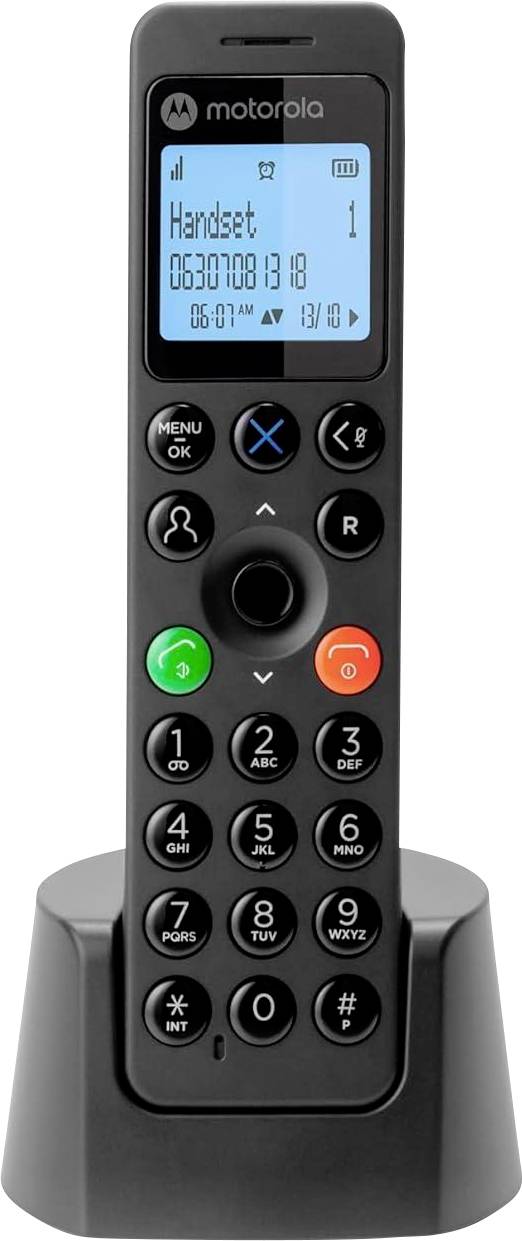 Ein schwarzes schnurloses Motorola-Telefon auf einer Ladestation, das 