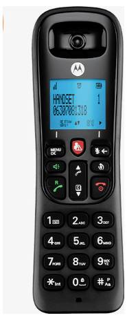 Ein schwarzes schnurloses Telefon mit digitalem Display, auf dem „HANDSET 063030081318