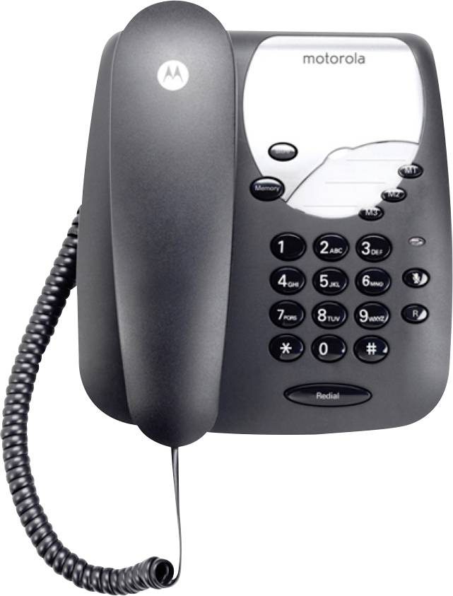 Ein schwarzes Motorola-Telefon mit Schnur, das über eine Tastatur, Lautstärkeregelung und ein spiralförmiges Handset-Kabel verfügt, wird vor einem einfachen Hintergrund dargestellt.