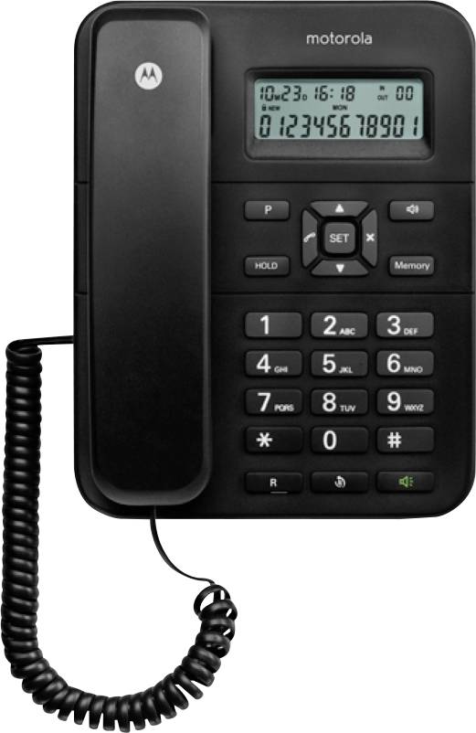 Ein schwarzes schnurgebundenes Motorola-Festnetztelefon mit numerischer Tastatur, Display mit Zeit-, Datums- und scrollenden Ziffern; Funktionen umfassen Hold-, Set- und Memory-Tasten.