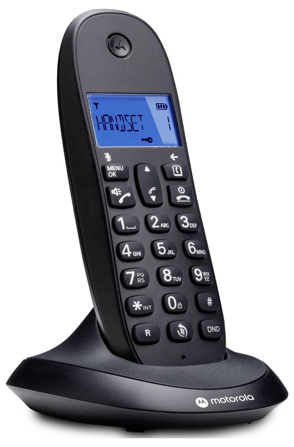 Schwarzes schnurloses Motorola-Telefon auf einer Ladestation, mit dem Bildschirm, der „HANDSET