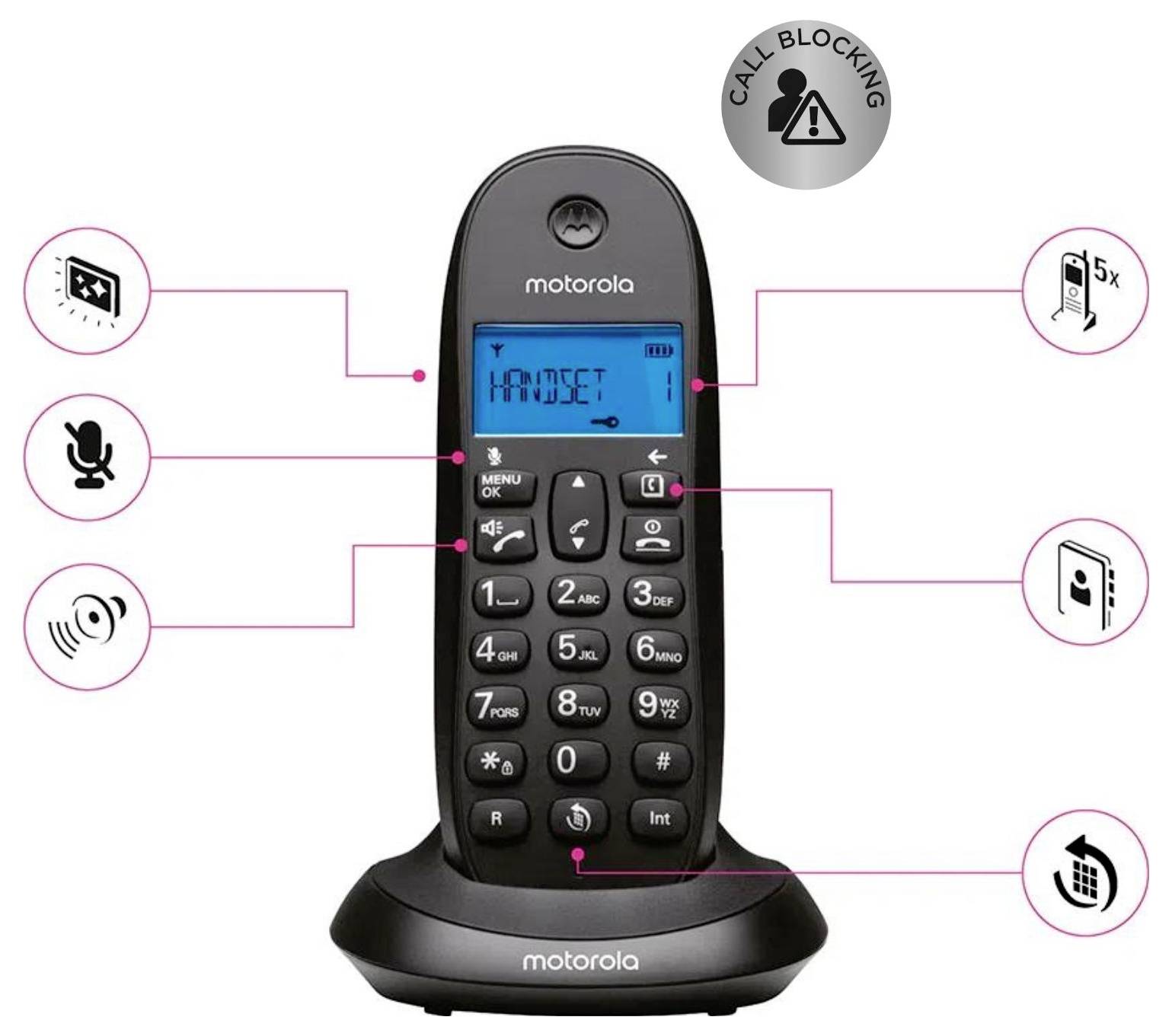 Motorola schnurloses Telefon auf Ladestation, mit Anrufsperrung und Funktionssymbolen auf dem Display, die Stummschaltung, Lautsprecher, Telefonbuch und Wahlwiederholung hervorheben.