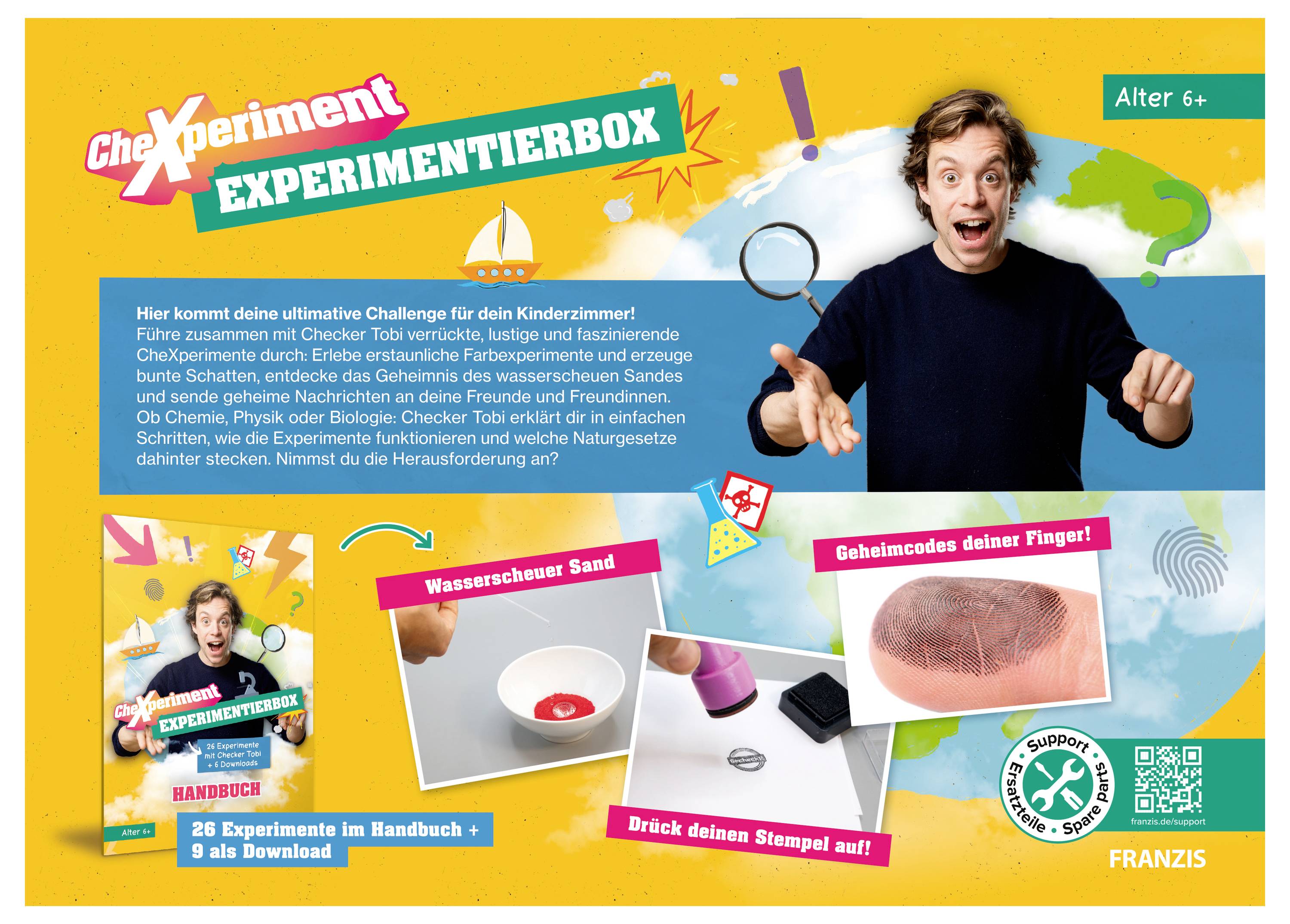 'CheXperiment Experimentierbox' für Kinder ab 6 Jahren; enthält Wissenschaftsexperimente wie 'wasserscheuer Sand' und 'Geheimcodes deiner Finger'. Zeigt lustige Illustrationen und eine Person, die die Box begeistert präsentiert.