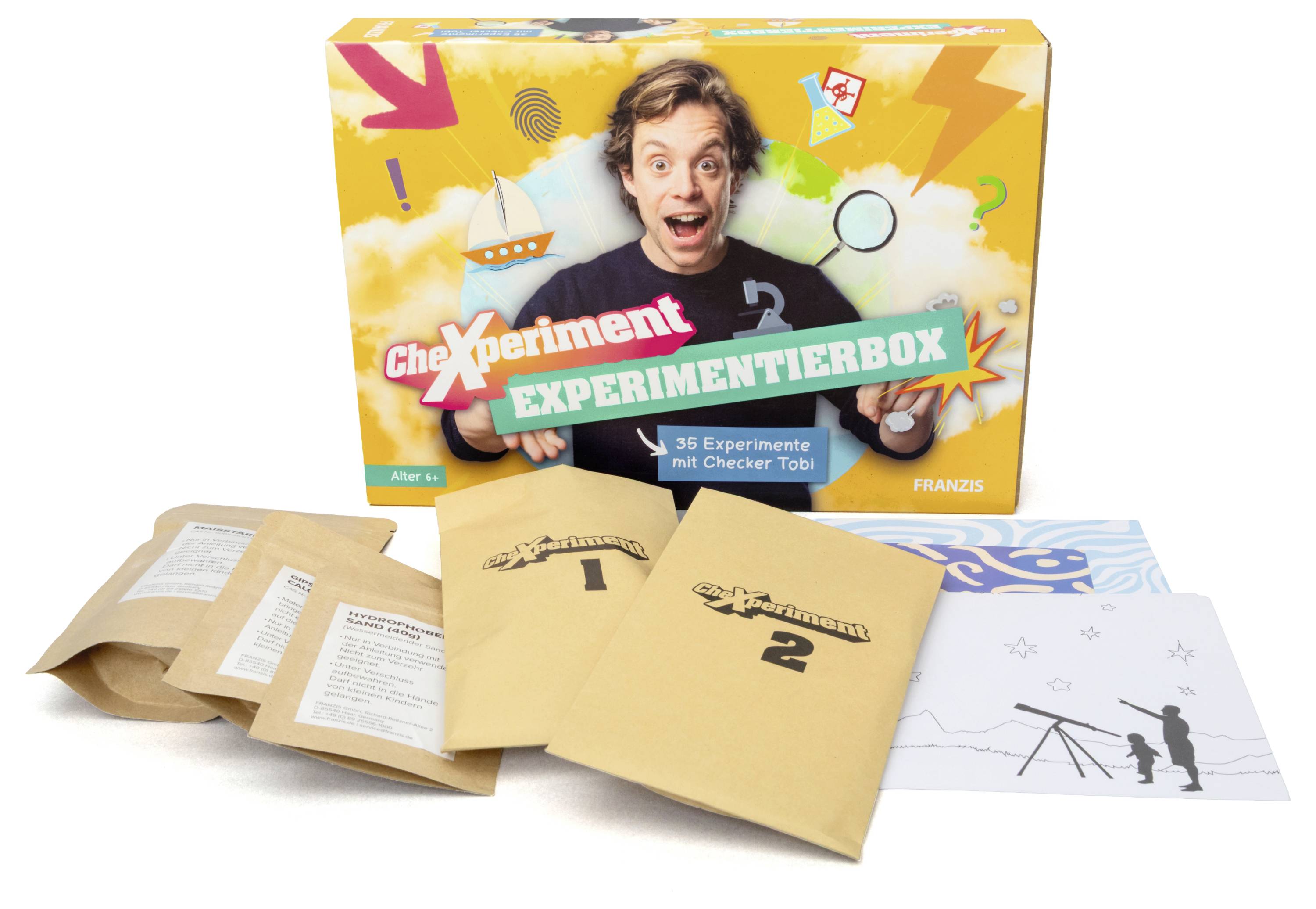 'CheXperiment' Wissenschaftsexperimentierkasten mit 36 Aktivitäten, farbenfroher Verpackung, zwei nummerierten Umschlägen und Anleitunsblättern.