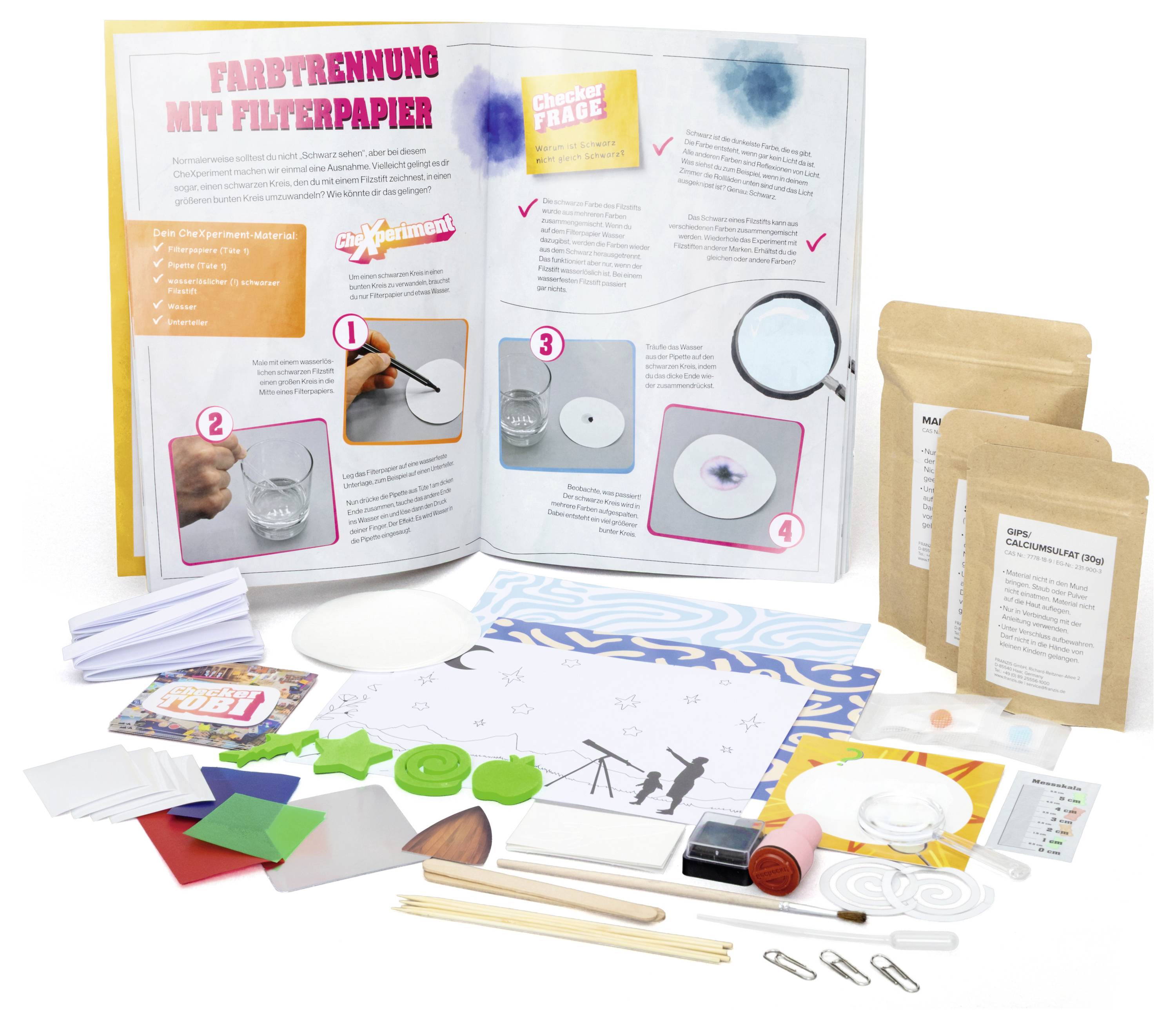 Experimentierset zur Farbentrennung mit Filterpapier, einschließlich detaillierter Anleitung, Papier, Filter, verschiedener Werkzeuge und Materialien.