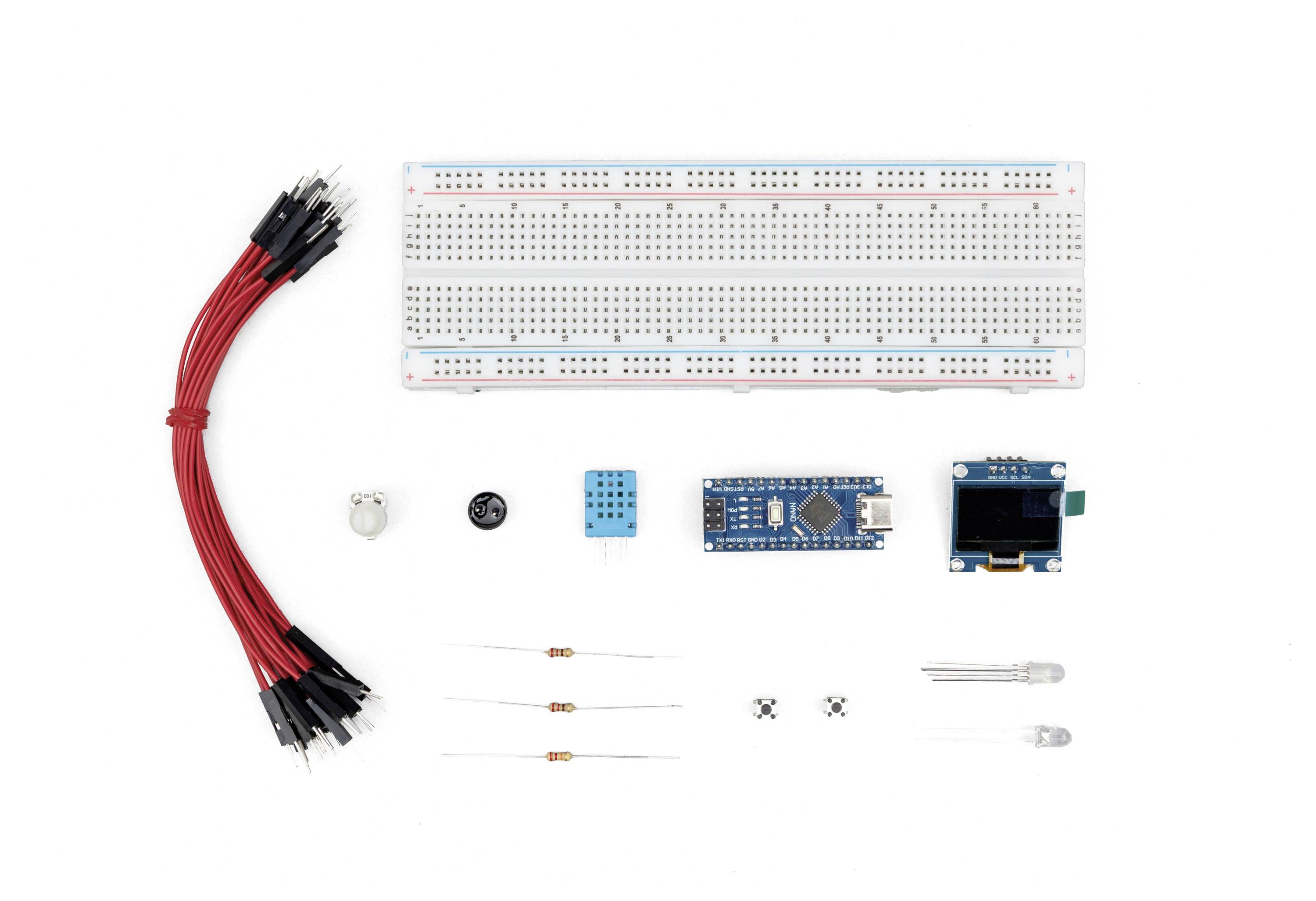 Ein Elektronik-Anfängerset mit einem Steckbrett, Verbindungskabeln, einer Mikrocontroller-Platine, Widerständen, LEDs, einem Knopf, Buzzer und Sensoren.