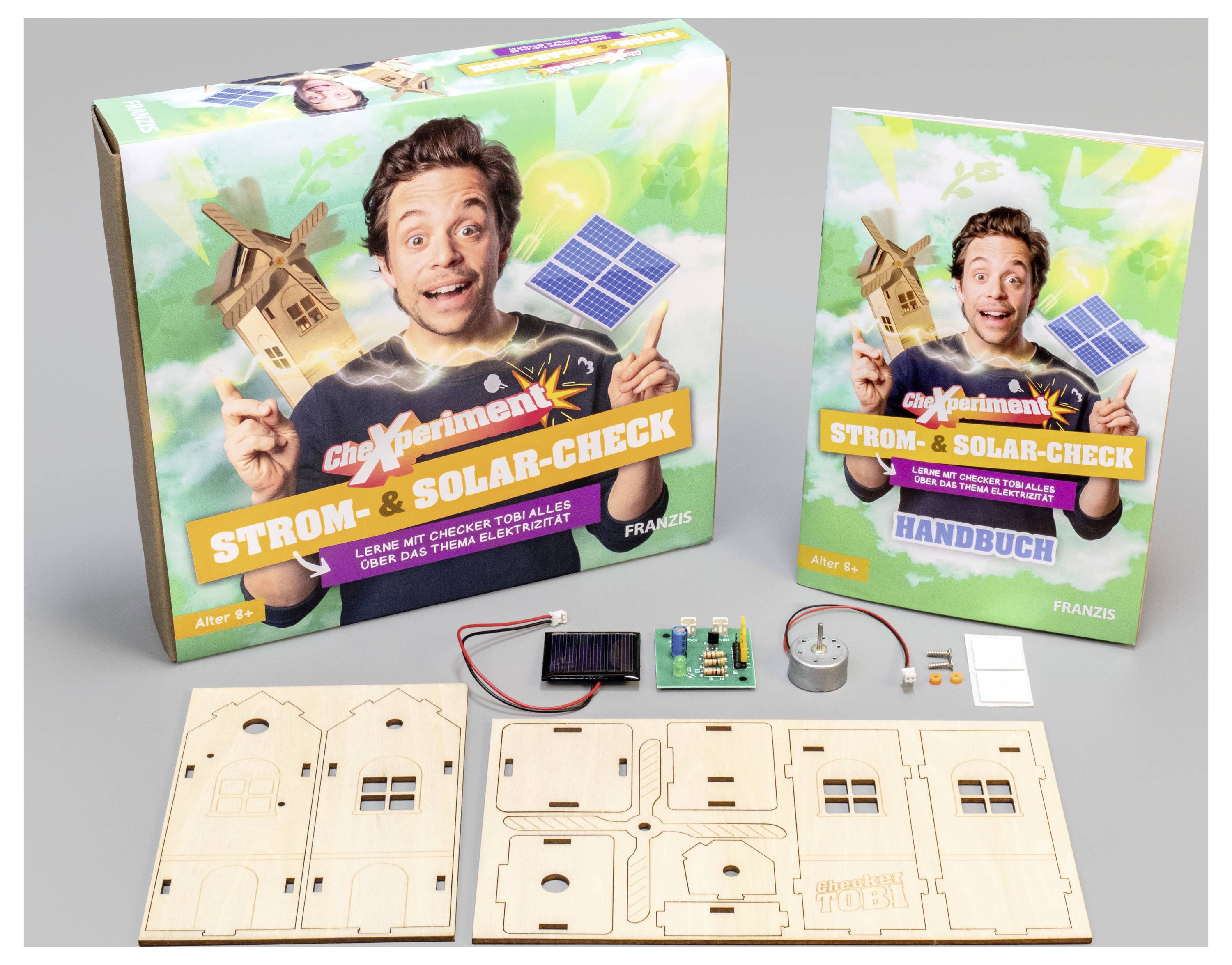 Ein DIY-Solar- und Elektrikset zum Lernen mit Anleitung, Schaltungsbauteilen und Holzteilen zum Zusammenbau. Geeignet ab 8 Jahren.