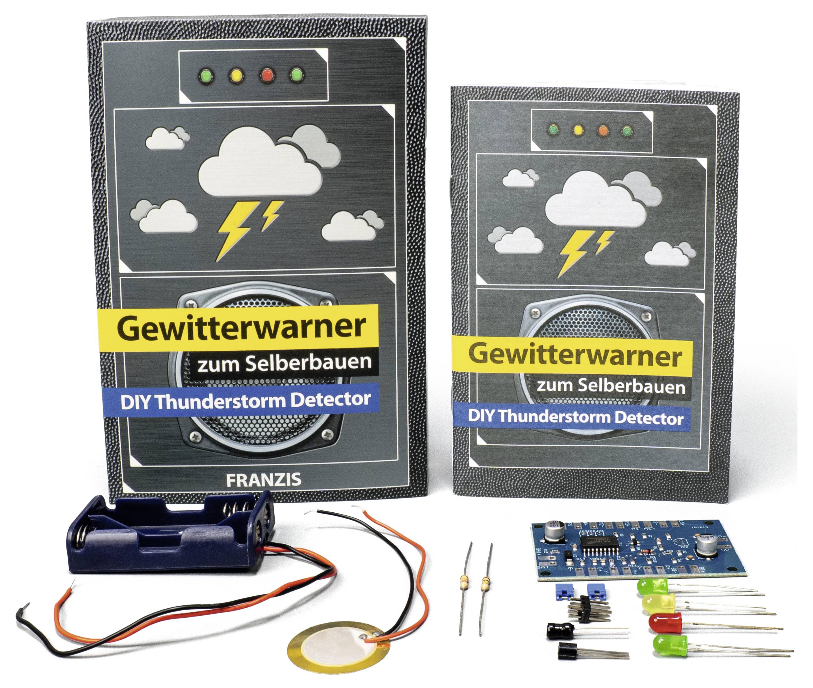 DIY-Gewitter-Detektor-Bausatz mit Anleitung auf Deutsch und Englisch, elektronische Komponenten einschließlich Leiterplatte und Verkabelung.